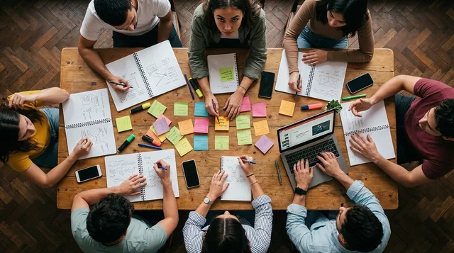 eam, workshop, office, collaboration, sticky notes, planning, strategy, brainstorming, table, overhead, people, working, laptop, notebooks, creativity, business, meeting, together, analysis, group, ai generated. Go-to-market strategy in practice, not on slides