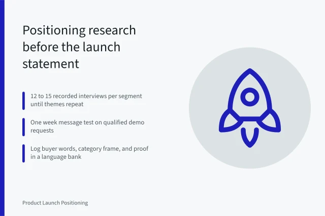 Card on positioning research: interviews, message test, buyer language bank. Product launch positioning research: what buyers actually say