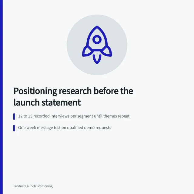 Card on positioning research: interviews, message test, buyer language bank. Product launch positioning research: what buyers actually say