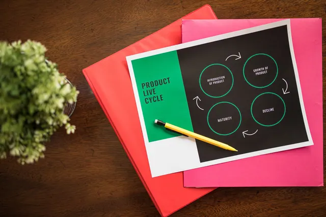 Flat lay of a product lifecycle illustration with a pencil and folders, ideal for business presentations. Product marketing strategy: a practical guide for 2027