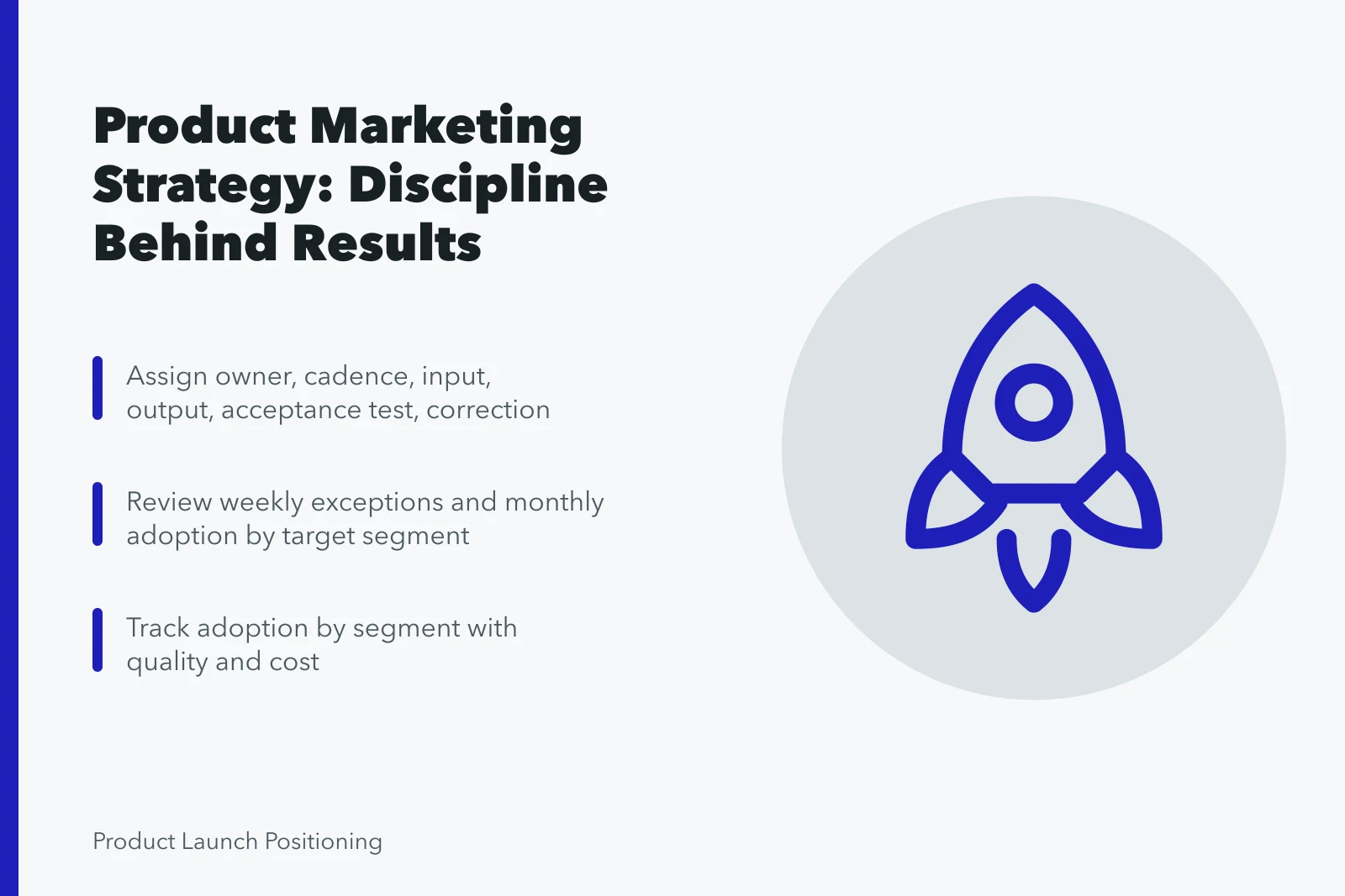 Card summarizing product marketing strategy review routines and acceptance tests. Product marketing strategy best practices: the discipline behind the results