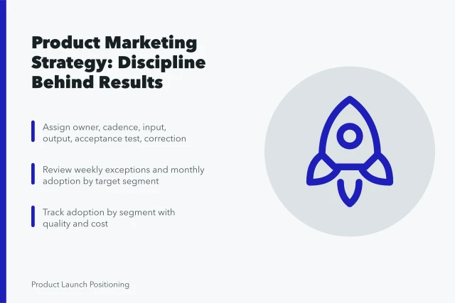Card summarizing product marketing strategy review routines and acceptance tests. Product marketing strategy best practices: the discipline behind the results