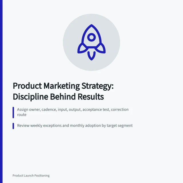 Card summarizing product marketing strategy review routines and acceptance tests. Product marketing strategy best practices: the discipline behind the results