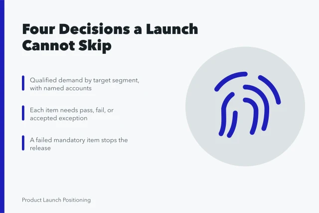 Checklist card showing four launch decisions and evidence rules. 4 things a product marketing strategy checklist has to cover