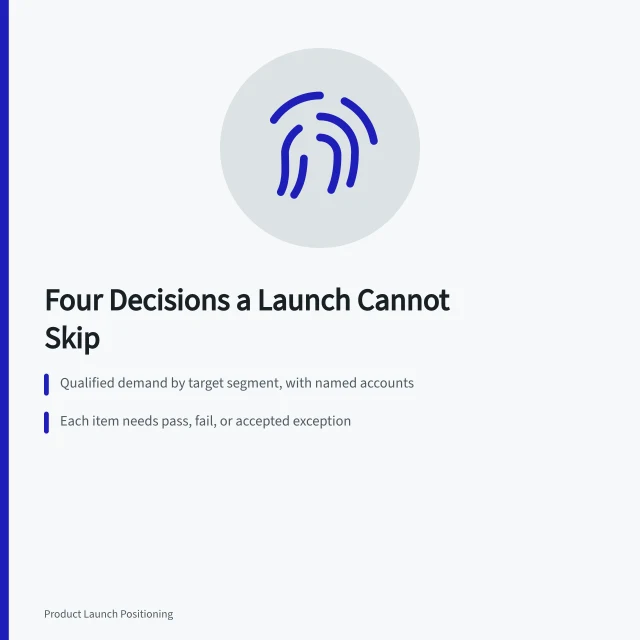 Checklist card showing four launch decisions and evidence rules. 4 things a product marketing strategy checklist has to cover