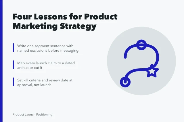 Card outlining four lessons for product marketing strategy development. 4 lessons worth learning about product marketing strategy development