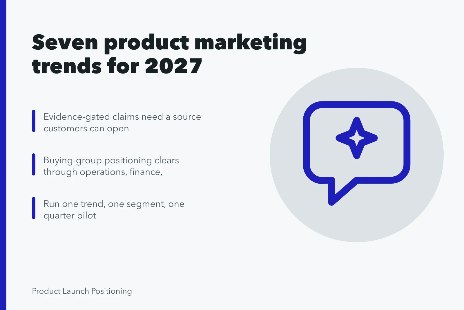 Card listing seven 2027 product marketing trends and pilot criteria. The product marketing strategy trends that will still matter next year, 2027 edition