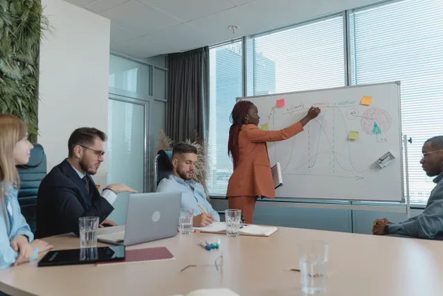 A diverse team discussing a marketing strategy with a focus on business growth. The product marketing strategy trends that will still matter next year, 2027 edition