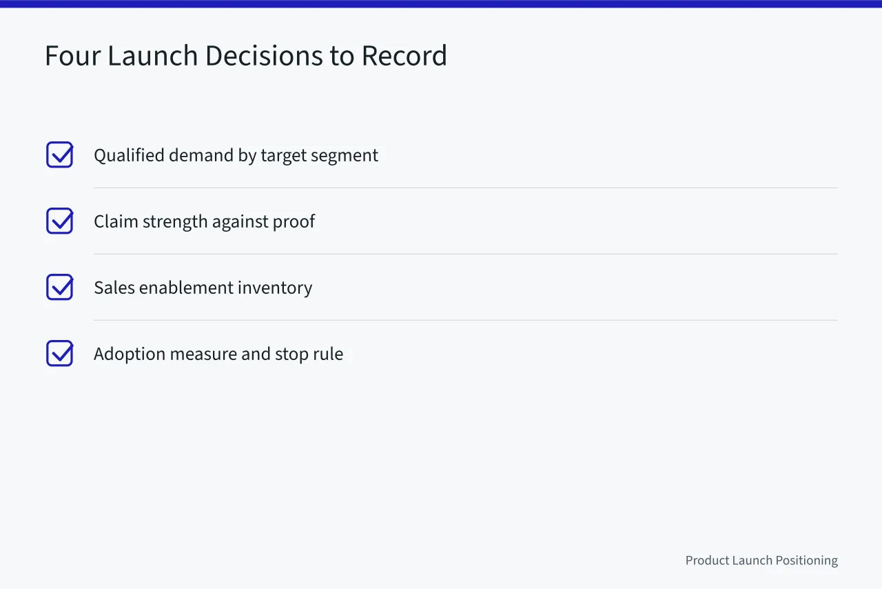 Checklist of four product marketing launch decision items (4 things a product marketing strategy checklist has to cover)